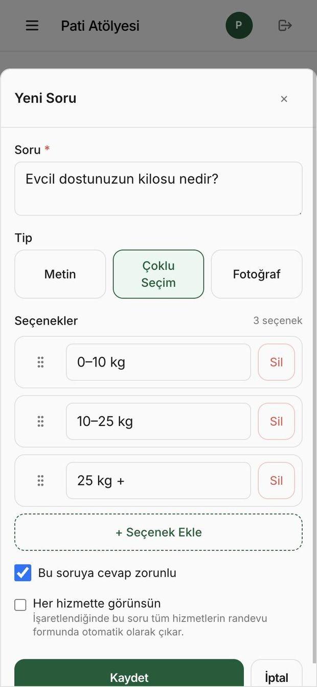 İşletme paneli: yeni soru ekleme