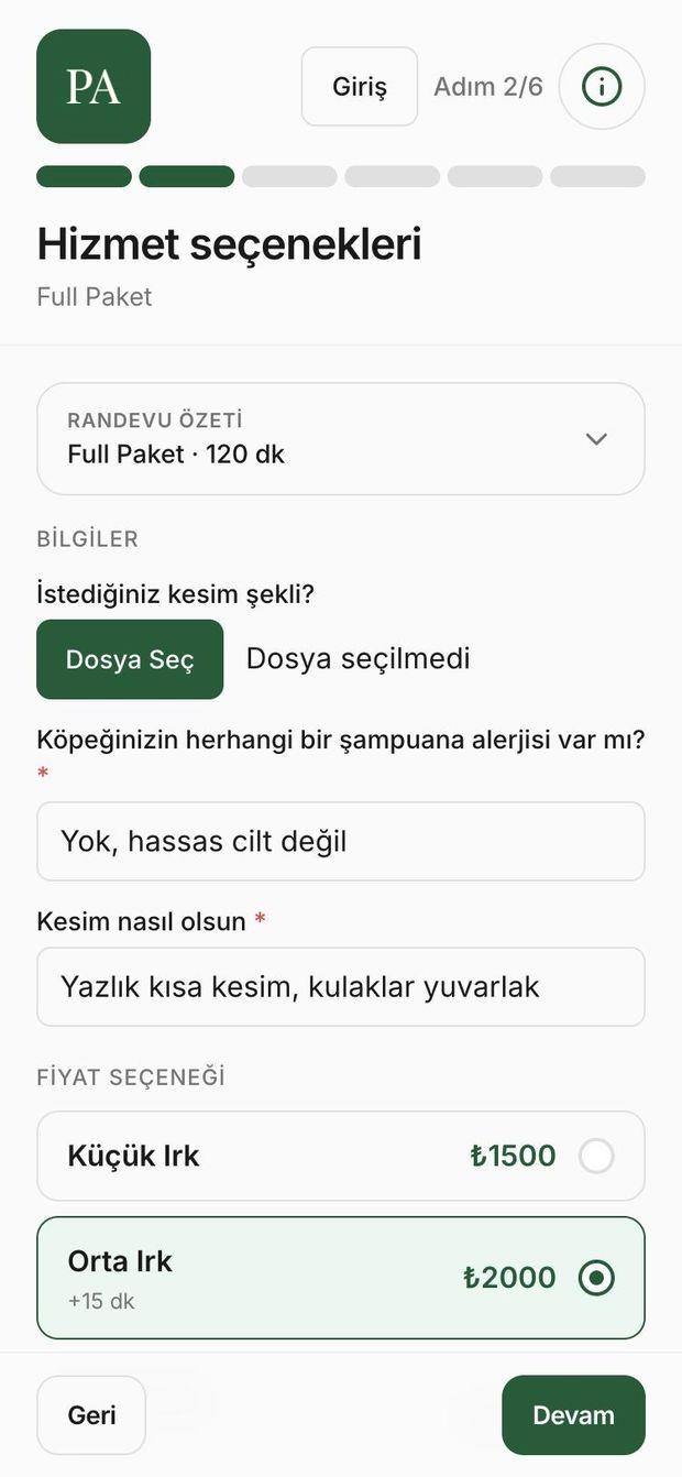 Adım 2: hizmete özel sorular