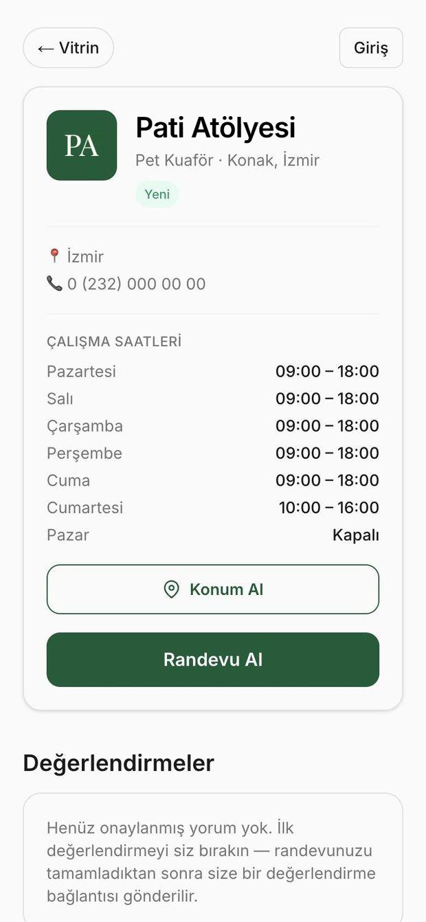 Habitfy Showroom’da bir işletme profili: çalışma saatleri, konum ve randevu butonu